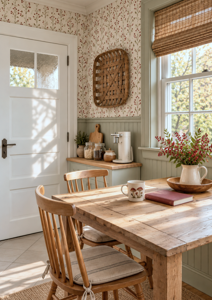 farmhouse style breakfast nook with wallpaper and wainscoting