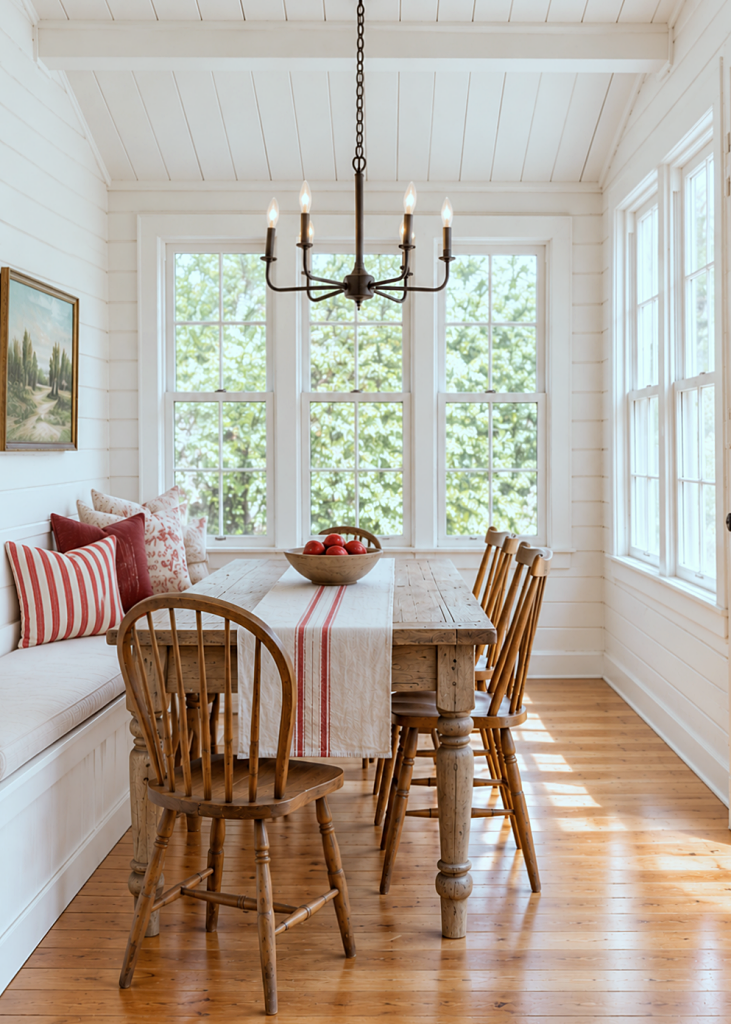 Scandinavian inspired sunroom with dining table