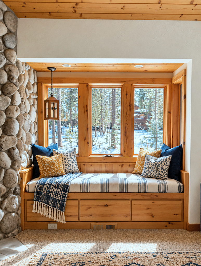 window seat next to stone fireplace