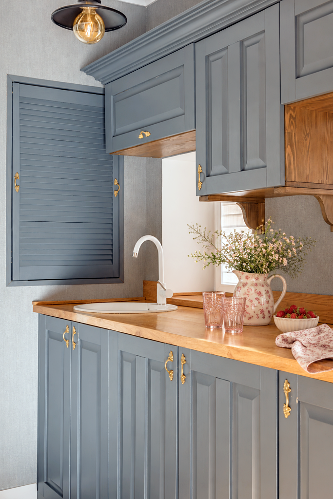 blue gray cottage kitchen