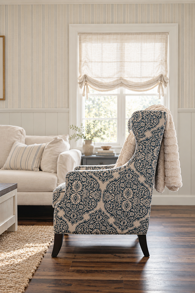 blue and white cottage style living room