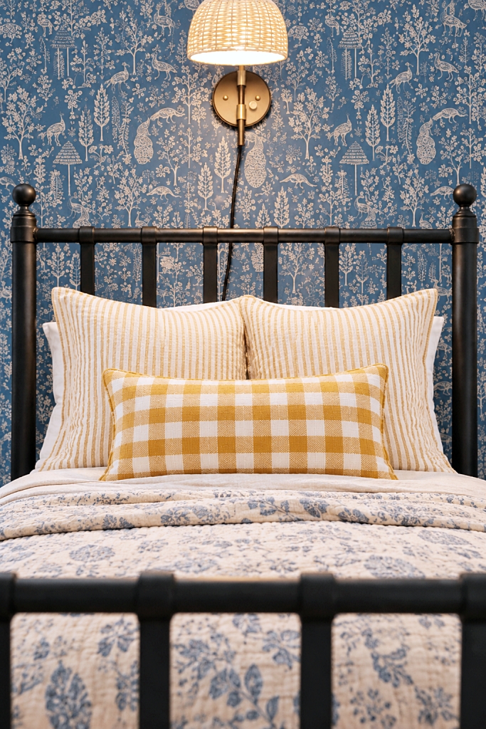 blue and mustard yellow bedroom in cottagecore style