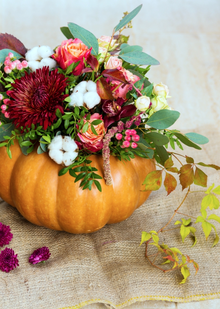 Lovely autumn pumpkin and flowers decor