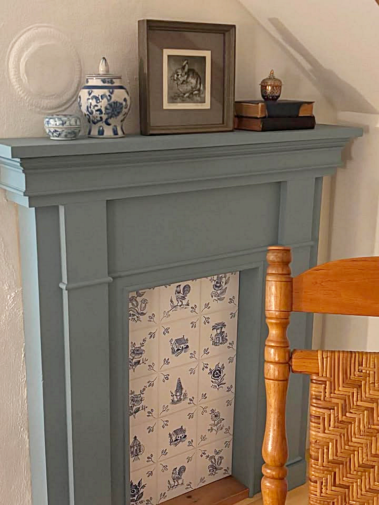 fireplace mantel painted soft blue