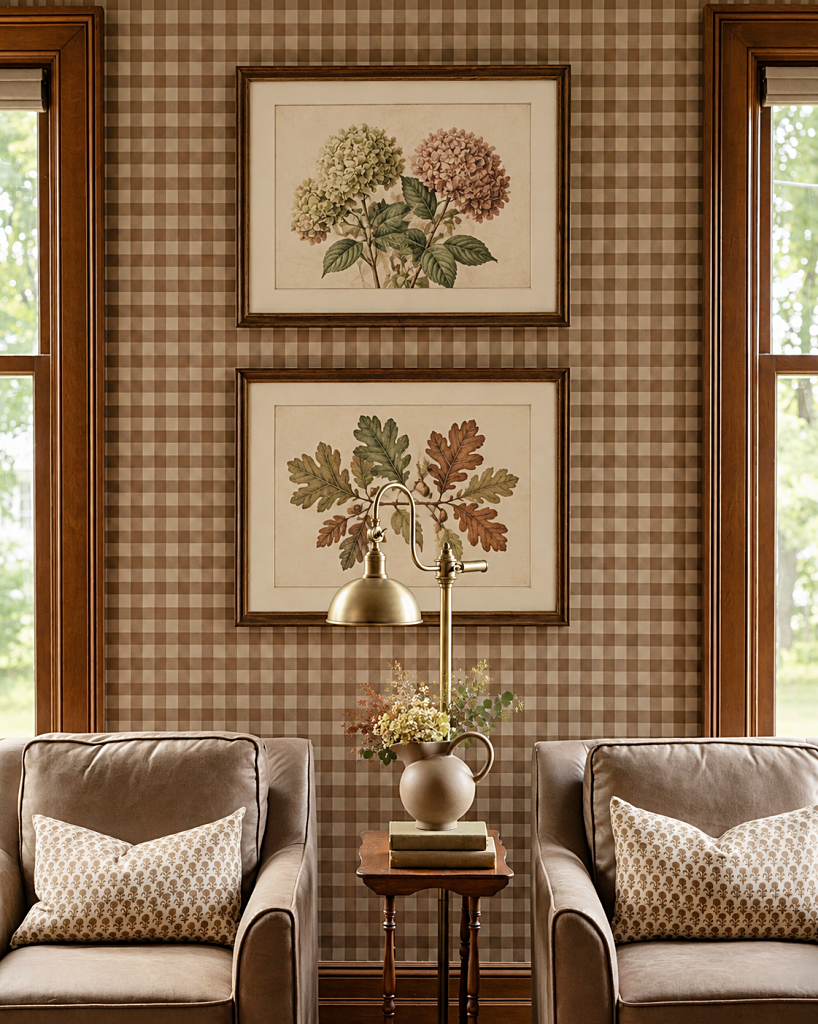 cozy living room with brown gingham wallpaper