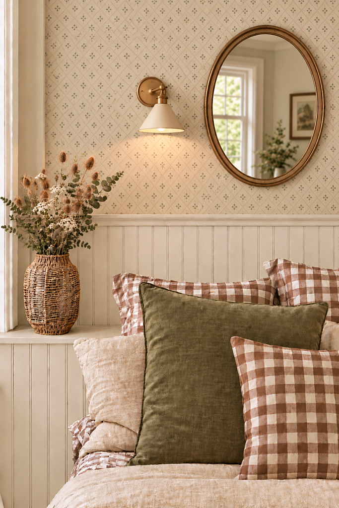 cozy bedroom in brown and olive