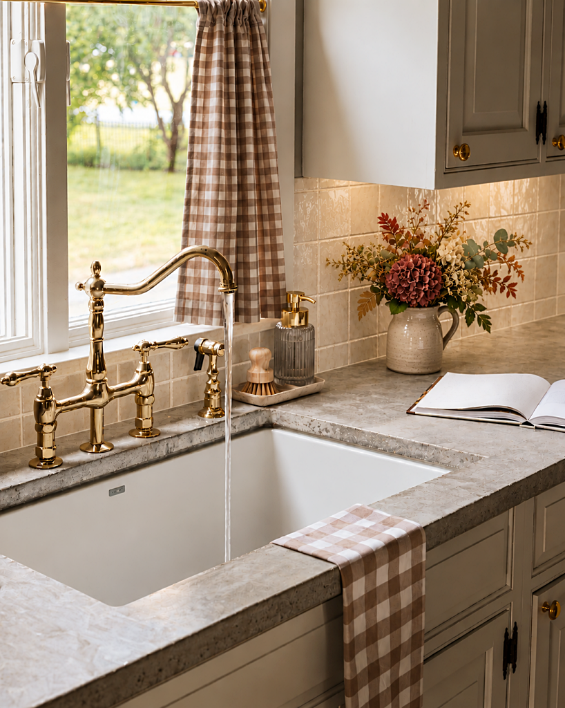 brown gingham accents in a farmhouse kitchen
