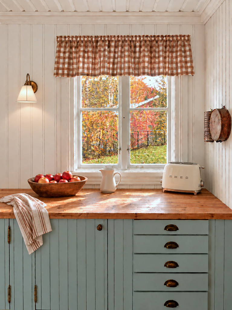 blue vintage kitchen with brown gingham valance