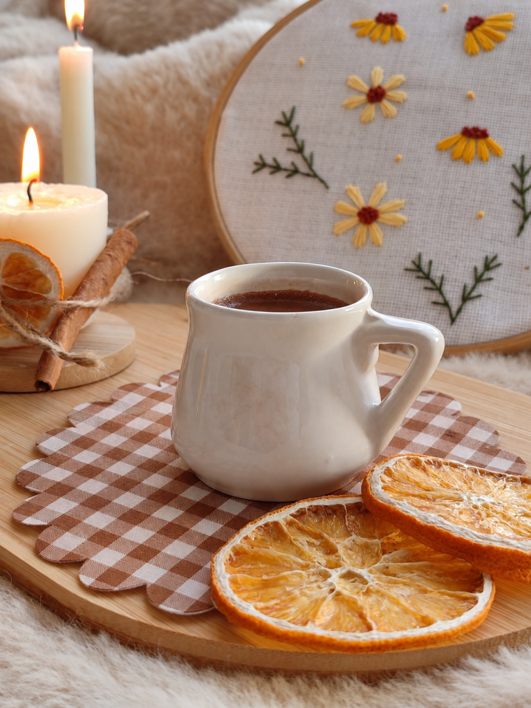 coffee mug with scalloped gingham coaster