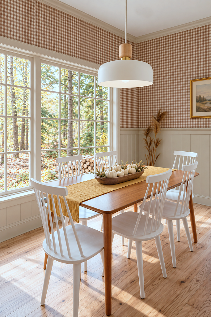 brown gingham wallpaper in bright and airy kitchen