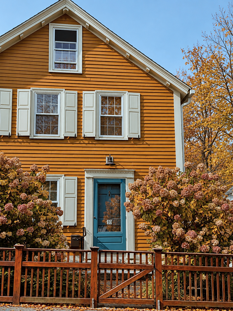 orange-yellow clapboard home with blue door