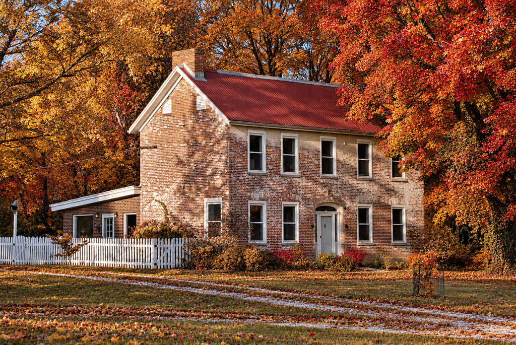 brick farmhouse in fall