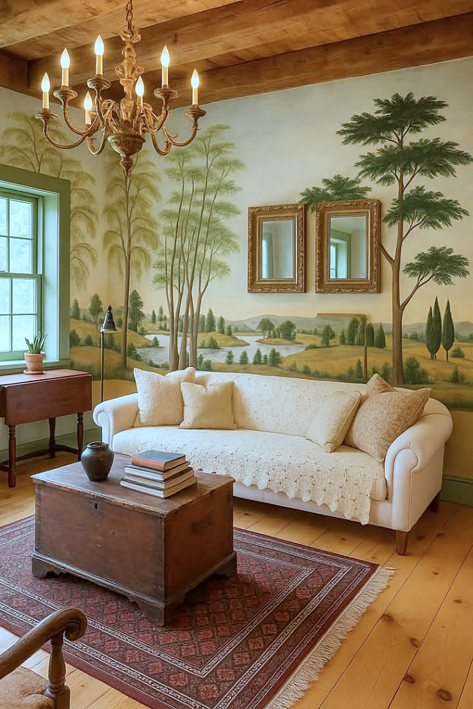 parlor with landscape mural on the walls