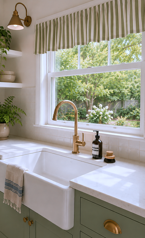 farmhouse apron sink with striped valance at window