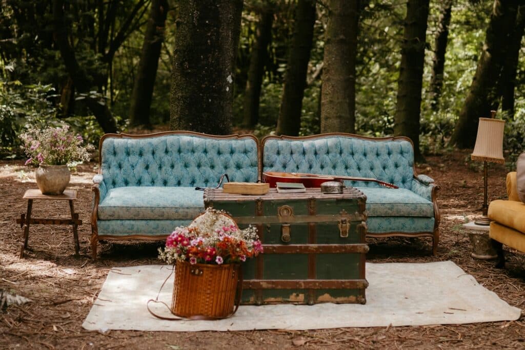 vintage blue sofa in outdoor setting