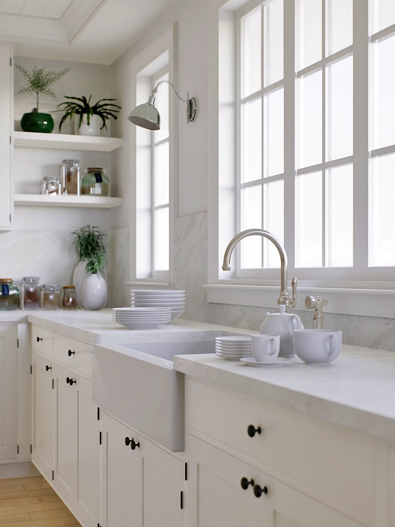 white farmhouse kitchen with apron sink