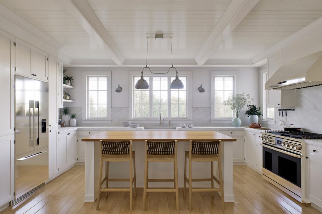 white farmhouse kitchen with wood flooring