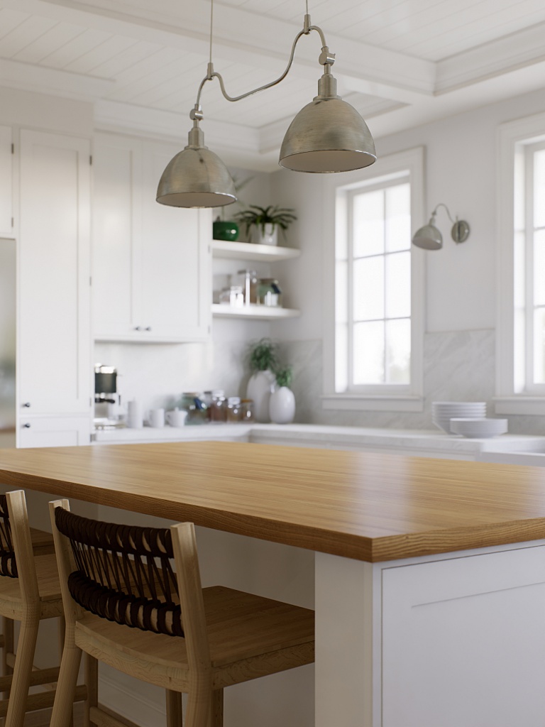 industrial lighting in white farmhouse kitchen