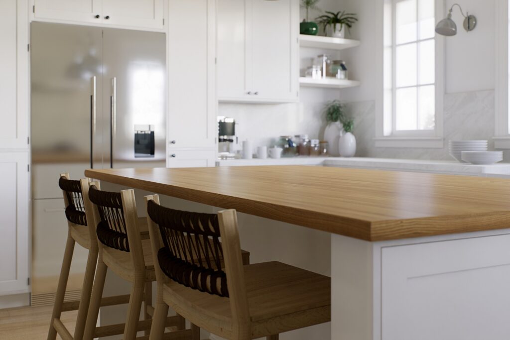 large white kitchen island with wood counter top